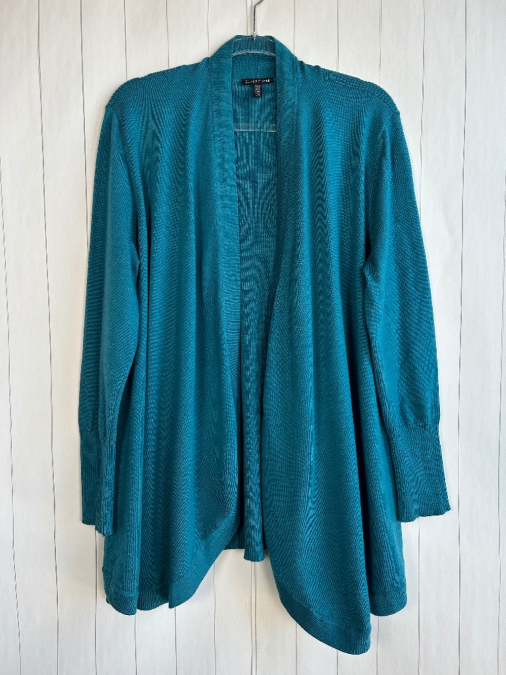 Eileen Fisher size L teal long cardigan open front 100% merino wool ribbbed
